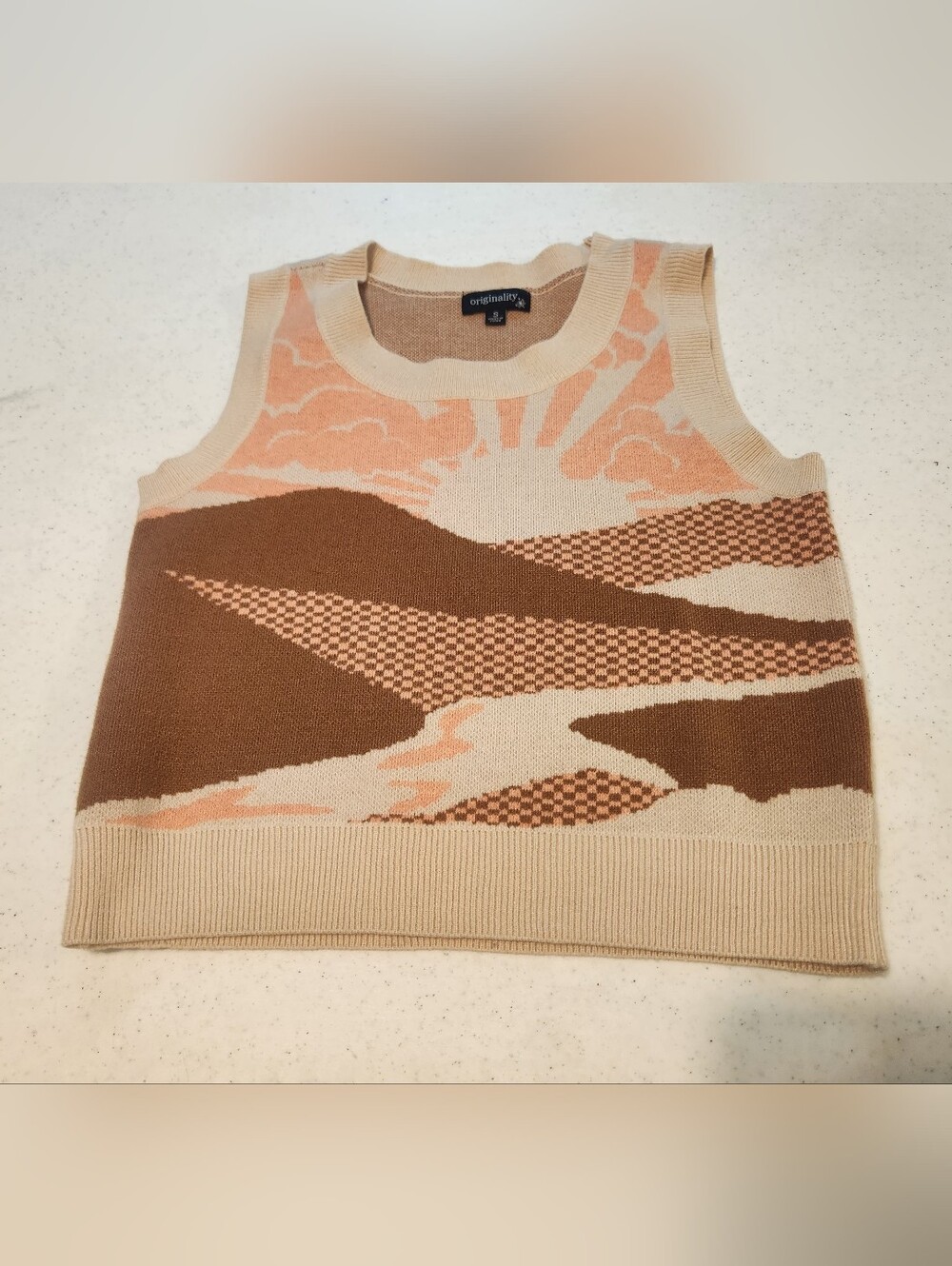 Scenic Knit Sweater Vest Womens Small Boho Sunset Landscape Graphic Sleeveless